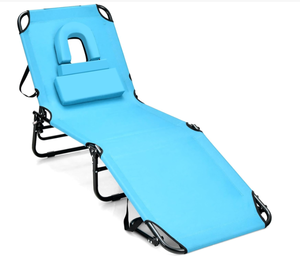 lot 45 image: GYMAX Tanning Chair, 350lbs Beach Lounge Chair with Face Hole, Washable Pillow & Carry Strap, Adjustable Folding Chaise Lounge, Layout Lounger for Outside, Patio, Poolside, Lawn (1, Arctic) (Slightly Used)