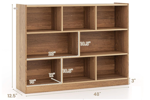 lot 177 image: SILKYDRY 8 Cubes Organizer Bookcase, 3-Tier Low Bookshelf with Anti-Title Device, Floor Standing Storage Cabinet, Wooden Book Display Shelf, Horizontal Bookcase for Classroom, Office 12.5D x 48W x 36.5H