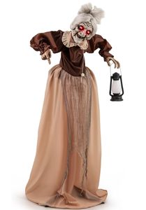 lot 209 image: Tangkula 5 FT Halloween Standing Animated Old Lady Holding Lantern, Animatronic Zombie Maid with LED Lighted Red Eyes, Halloween Decoration for Haunted Houses, Indoor Outdoor Use