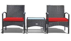 lot 395 image: Costway 3 -Piece Rattan Patio Conversation Set with Red Cushions