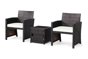 lot 491 image: Costway 3 -Piece Rattan 2 Patio Sofa Conversation Set with White Cushions