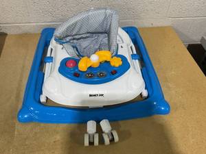 lot 370 image: HONEY JOY Baby Walker, 5 in 1 Infant Activity Walker with Wheels, Music, Removable Cushion, Toddler Foldable Push Walker for Boys Girls, Anti-Rollover Walkers for Babies 7-14 Months (Blue)