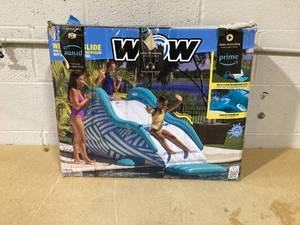 lot 375 image: WOW Sports - Wiggler Sprinkler Inflatable Slide - White & Teal Pool Waterslide for Backyard Parties - Fun for Adults & Kids - Garden Hose Attachment for Sprinkler