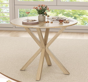 lot 73 image: Moccha 36 Round Dining Table for 4 - Rubber Wood Kitchen Table with Intersecting Trestle Legs, Vintage Bar Table, Farmhouse Dining Room Tables for Dinette, Small Space, Restaurant, Bistro (Oak)