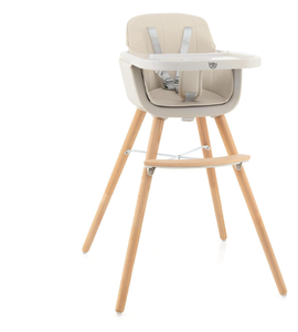 lot 98 image: BABY JOY Convertible Baby High Chair, 3 in 1 Wooden HighchairBoosterChair with Removable Tray, Adjustable Legs, 5-Point Harness, PU Cushion and Footrest for Baby, Infants, Toddlers (Beige) ( Maybe Missing Hardware.)