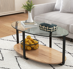 lot 161 image: 2-Tier Glass-Top Oval Coffee Table with Wooden Shelf for Living Room