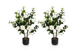 lot 470 image: Canddidliike 38 Inch Artificial Camellia Tree Faux Flower Plant, Faux Flower Plant in Cement Pot 2 Pack