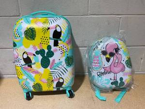 lot 244 image: Costway 2 Pieces Carry On Luggage Set with Flamingo Pattern for Kids