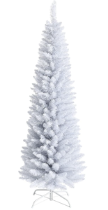 lot 403 image: Goplus 6FT Pencil Christmas Tree, Artificial Slim White Christmas Tree with 340 PVC Needles & Folding Metal Stand, Unlit Xmas Tree for Home Office Shops Hotels Decoration
