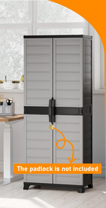 lot 409 image: Giantex 68 Lockable Storage Cabinet, PP Garage Storage Shed with Doors, 3 Adjustable Shelves, Freestanding Tool Locker, Shelving Unit for Pantry, Basement, Laundry Room or Mudroom 14.5D x 27W x 68H (Maybe Missing Hardware)