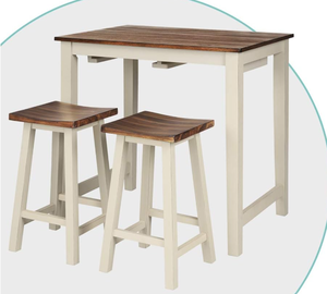 lot 417 image: Giantex 3 Piece Pub Dining Set, Counter Height Pub Table with 2 Saddle Bar Stools, Tavern Collection Table Set for Living Room, Kitchen, Small Space (Brown & Milky White) 36 x 26 x 36.5 inches