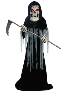 lot 423 image: Haunted Hill Farm Motion-Activated 8.5-Ft. Tall Ginormous Reaper, Plug-in Talking Scare Prop Animatronic with Spooky Sound Effects and Lights for Indoor or Covered Outdoor Creepy Halloween Decoration (USED, Maybe Missing Hardware)