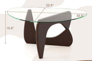 lot 433 image: Tangkula Triangle Glass Coffee Table, Mid-Century Modern Center Table with Tempered Glass Top & Adjustable Rubber Wood Base, Small Coffee Table for Small Spaces, Living Room & Reception Room (Walnut) 22.5D x 32.5W x 15.5H