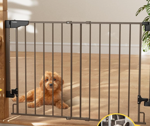 lot 447 image: Cumbor 29.243 Baby Gate for Stairs, Wall-Mounted (Drill Required), Expandable No Bottom Bar Dog Gate, Auto Close Extra Wide Walk Thru, Pet & Toddler Proof Gate, Top & Bottom of Stairways (Brown)