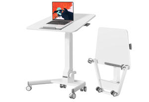 lot 157 image: Foldable Mobile Standing Desk, 90 Tiltable Rolling Standing Desk, Height Adjustable Portable Laptop Workstation for Home Office, Easy to Fold, White