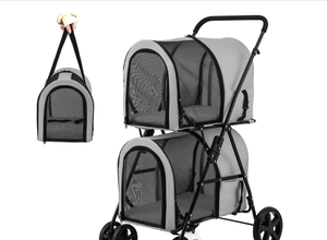 lot 219 image: Double Pet Stroller with 2 Detachable Carrier Bags, 4 Lockable Wheels Cat Stroller