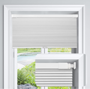 lot 230 image: LazBlinds Cordless Cellular Shades, No Tools No Drill Blackout Honeycomb Shades Pleated Blinds for Windows, 33 W x 64 H, Silver White
