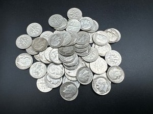 lot 80 image: Fifty-Four 90% Silver Roosevelt Dimes - Mixed Date and Mint