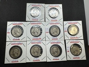 lot 81 image: Ten Early Date 90% Silver Washington Quarters 1934, 36, 37, 40, 42, 42-S, 43, 43-S, 44, and 46