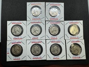 lot 82 image: Ten Mixed Date 90% Silver Washington Quarters 1944, 46-D, 47, 47-D, 49-D, 55, 57, 58-D, 59-D and 63-D