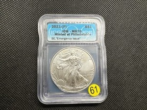 lot 61 image: 2021 1 Oz. Silver American Eagle ICG MS70 Emergency Issue - Perfect Grade - PCGS Price Guide is $80