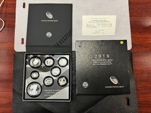 lot 67 image: 2018 U.S. Mint Limited Edition Silver Proof Set in Orig Mint Box with COA - Eight Spectacular Silver Coins - Greysheet Wholesale Price Guide is $135.00