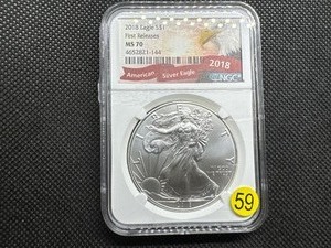 lot 59 image: 2018 1 Oz. Silver American Eagle NGC MS70 First Releases - Perfect Grade