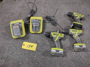 lot 134 image: (3) Ryobi 12 Volt Drills, (4) Batte...
