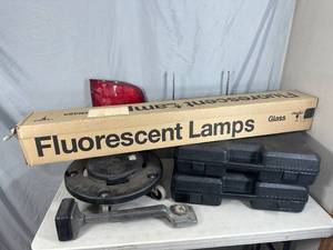 lot 52 image: Trash Can Dolly, Carpet Kicker, Tool Cases, Fluorescent Light Bulbs