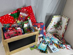 lot 58 image: Wood Crate FULL of New Holiday Gift Bags