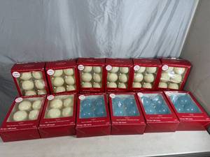 lot 65 image: 12 New Boxes of Large Glass Christmas Ornament Balls - $120 retail