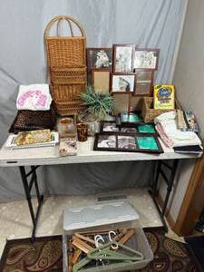 lot 80 image: Home Decor, Towels, Picture Frames, Tote, Hangers, and More