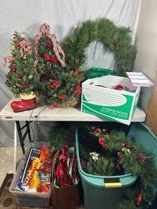lot 91 image: Large Lot of Christmas  Holiday Decorations, Trees, Gift Bags, Garland, and More