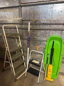 lot 92 image: 2 Step Stools, Snow Sled, Stick Vacuum, and More