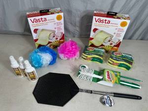 lot 200 image: New Cleaning Supplies, Sponges, Fly Swatter, Vasta Slicers, and More