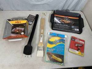 lot 343 image: New BBQ Grilling Accessories, Brush, Grill Topper, Light, and More