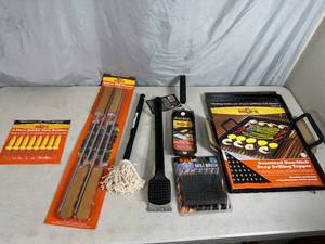 lot 364 image: New BBQ Cooking Accessories, Grill Topper, Kabob Skewers, Cheese Pan, Corn Holders, Brushes, and More