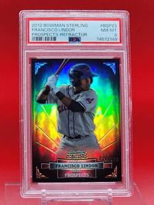 lot 84 image: 2012 Bowman Sterling Baseball Francisco Lindor Prospects Refractor Card #BSP23 Near Mint-Mint PSA 8