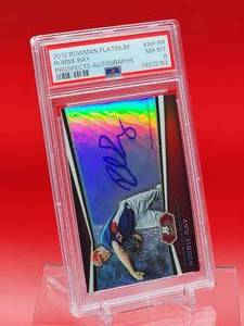 lot 12 image: 2012 Bowman Platinum Baseball Robbie Ray Prospects Autographs Rookie Card #AP-PR Near Mint-Mint PSA 8