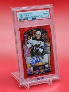 lot 7 image: 2020 Upper Deck Allure Minnesota Wild Great Zach Parise Red Rainbow Autographed Hockey Card # 53 PSA 8