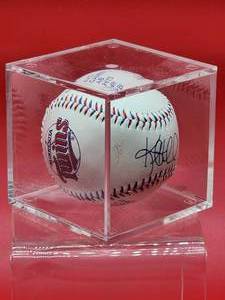 lot 130 image: Autographed Red & Blue Stich Baseball by Minnesota Twins Great Kent Hrbek