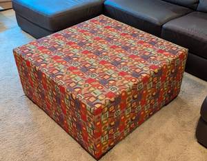 lot 11 image: LL - Custom Upholstered Ottoman 34x34 in Retro Geometric Fabric