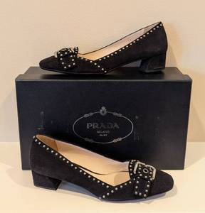 lot 50 image: LL - Prada Womens Black Suede Studded Buckled Low Heel Pumps Size 365.5 with Box