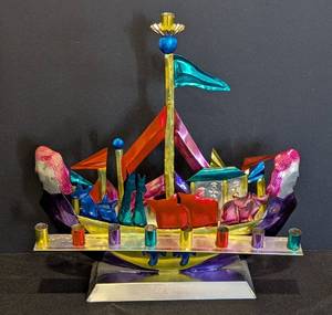 lot 68 image: LL - Mexican Art Metal Hanukkah Menorah Signed S. Levy Noahs Ark Theme