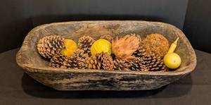 lot 75 image: LL - Rustic Wood Dough Bowl with Pinecones and Decorative Accents