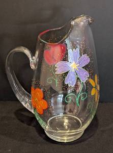 lot 79 image: LL - Hand-Painted Glass Pitcher with Colorful Floral Design, 11 Inch