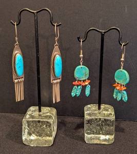 lot 105 image: LL - Sterling Silver and Turquoise Dangle Earrings including a Pair of Navajo Native American S.J. Stamped Sterling and Turquoise Earrings