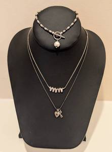 lot 118 image: LL - Pair of Sterling Silver Necklaces and Bracelet with Heart, Key, and Pearl Accents