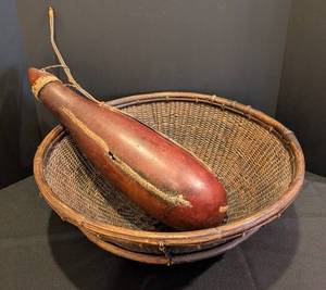 lot 133 image: LL - Large Handwoven Wicker Basket and Decorated Gourd Vessel
