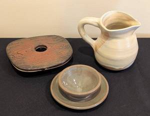 lot 137 image: LL - Studio Pottery Collection with Small Pitcher, Ikebana Vase, Bowl and Plate